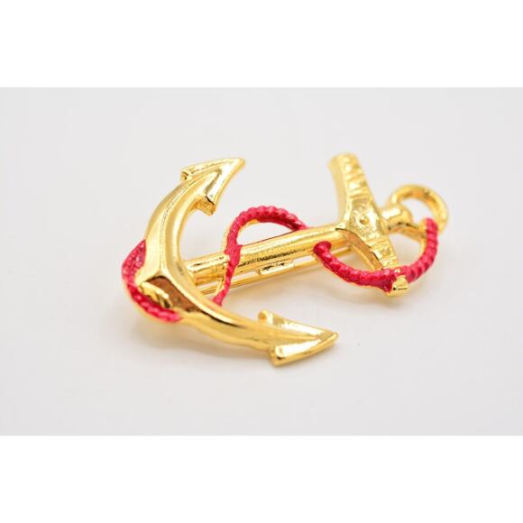 Vintage Pin Brooch Anchor Sailor Nautical Red Enamel Gold Tone 1980s NOS BinA5 - Picture 4 of 12